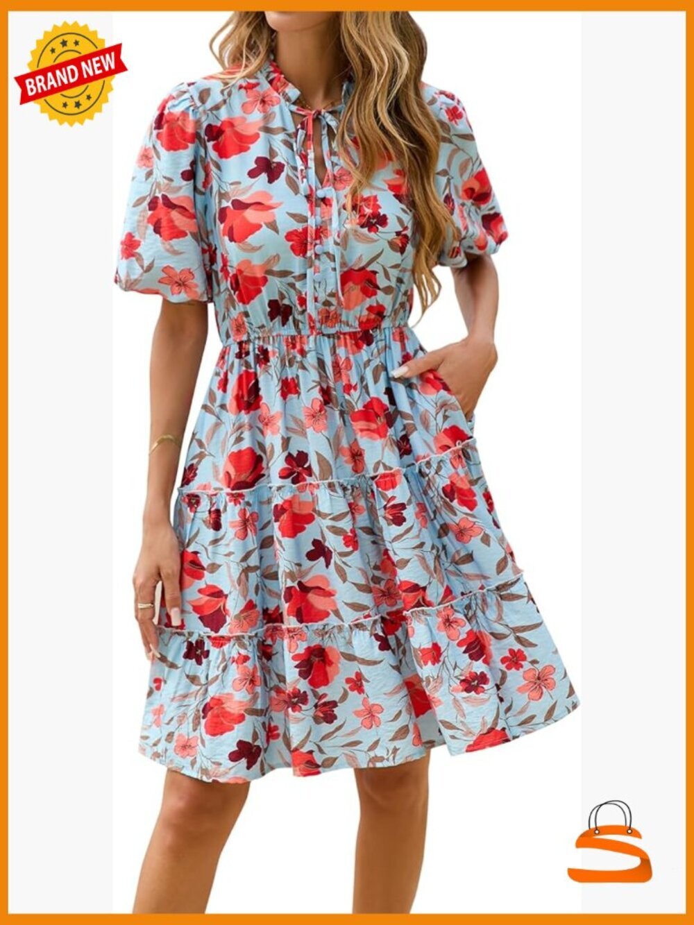 V Neck Floral Mini Dress Boho Tiered Ruffle Swing A-Line Summer